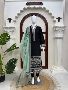 Black Embroidered Indian Pakistani Set Long Kurta Palazzo <b>Shawl</b> Set for <b>Wedding</b> Festival Wear - Product Image 1