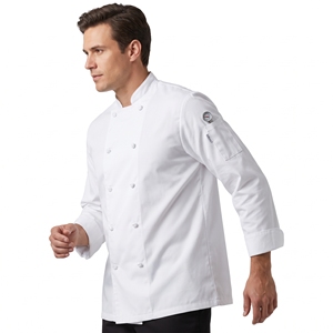 Veste de chef blanche à manches longues unisexe en polyester et coton, uniforme de cuisine, vêtements de travail pour restaurant et bar - Product Image 3
