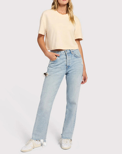 Women's Cream <b>Cropped</b> T-Shirt Short Sleeve Crew Neck Loose Fit Casual Solid Color 100% Cotton Jersey Spring Summer <b>Top</b> - Product Image 2