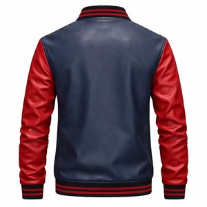 Men's Two Tone Genuine Leather Varsity <b>Jacket</b> Color Blocking <b>Zipper</b> Closure Casual Winter Breathable Windproof Streetwear - Product Image 2