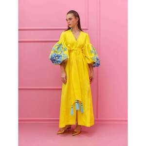 Women <b>Boho</b> Embroidered Cotton Maxi <b>Dress</b> Yellow Floral Puff Sleeve Tie Waist Tassel Ethnic Style Long <b>Summer</b> <b>Dress</b> - Product Image 1