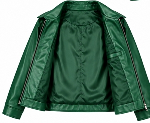 Chaqueta de Cuero Sintético Verde para Mujer, Cuello Camisero, Cierre de Cremallera, Manga Larga, Abrigo de Otoño - Product Image 5