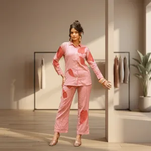 Pink Striped Linen Cotton Shirt and <b>Trousers</b> Set with Heart Print Turn-<b>down</b> Collar Full Sleeve Casual Wear for Women - Product Image 2