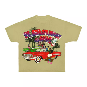 T-shirt homme beige en coton 240 GSM, coupe oversize, imprimé vintage voiture en relief, logo personnalisé, 100% coton, coupe ample, imprimé. - Product Image 1
