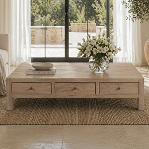 Minimalistic Solid Mango Wooden <b>Coffee</b> <b>Table</b> <b>With</b> Integrated 3 <b>Storage</b> Drawers Antique Rich Finish For Hotel Home Living Room - Product Image 2
