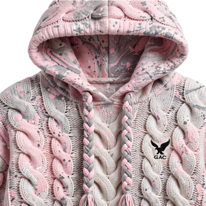 Pull à capuche moderne en tricot torsadé avec cordon de serrage, poche kangourou et design color block rose et rouge pour le streetwear - Product Image 5
