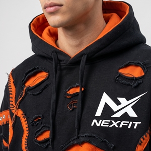 Sudadera con capucha para hombre, negra y naranja, con parches desgastados y pedrería, estilo oversize, streetwear - Product Image 5