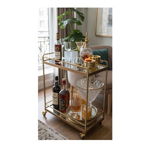 2 Tier Gold Rectangular Bar Cart <b>with</b> <b>Mirror</b> Shelves Modern Rolling Drink Trolley <b>with</b> Glass Guard Rails And Wheels - Product Image 2
