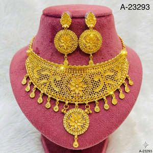 24K <b>Gold</b> Plated Floral Necklace <b>Earring</b> <b>Set</b> Brass Jewelry <b>Set</b> for Wedding Party Women - Product Image 1