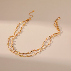 Collar Minimalista de Oro Genuino de 18K, Cadena de Clavícula con Múltiples Capas de Cuentas Metálicas, Estilo Corto y Moderno - Product Image 3