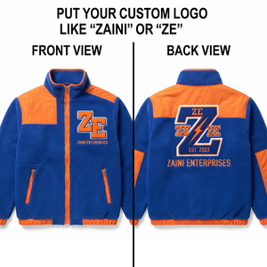 240g Polyester Fleece Running <b>Jacket</b> with Embossed Chenille Patch Logo Blue/Orange Shoulder Panels Waterproof & Breathable - Product Image 1