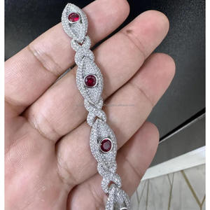 Luxury Moissanite Diamond Oval Link <b>Bracelet</b> in 925 Sterling Silver with <b>Ruby</b> Red Round Center Stones and Iced Finish - Product Image 2