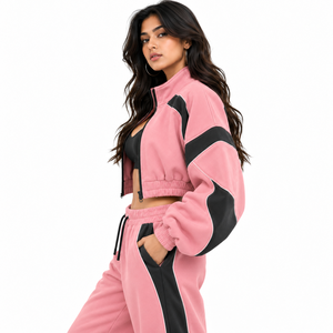Sweat-shirt en molleton court pour femme, rose et noir, à blocs de couleur, avec fermeture éclair intégrale, col montant, style streetwear, logo personnalisé - Product Image 2