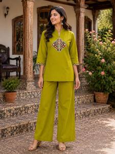 Ensemble Kurta vert olive pour femmes avec pantalon palazzo, broderie ethnique, tenue décontractée indienne pakistanaise - Product Image 2