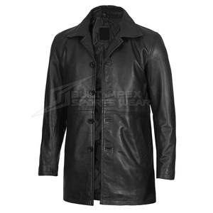 <b>Men</b> Genuine <b>Leather</b> <b>Trench</b> <b>Coat</b> Long Length Single Button Closure Long Sleeve Turn-down Collar Eco-Friendly Breathable Casual - Product Image 3