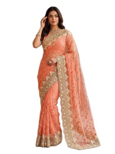 Sari élégant en corail de créateur avec broderies et perles, idéal pour les mariages – Tenue ethnique indienne pour femme - Product Image 1