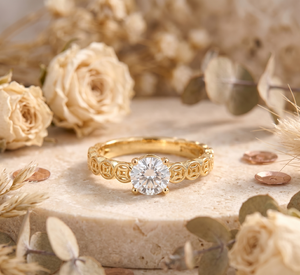 Pragalbh Jewels 14K Gold Round Cut Moissanite <b>Ring</b> with Traditional Chinese <b>Coin</b> Motif Wedding <b>ring</b> - Product Image 1