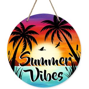Insegna da appendere in legno con palma e tramonto, stile spiaggia, per porta d'ingresso, portico esterno, parete, casa, decorazione stagionale a tema mare e oceano, per l'atmosfera estiva. - Product Image 1