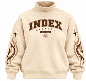 Sudadera de Cuello Alto Index Apparel, Corte Holgado, Unisex, Informal, para Otoño, Color Beige con Estampado de Llamas - Product Image 1
