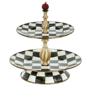 Mangkuk logam desain catur dekoratif hitam dan putih tema 2 tingkat penempatan meja mangkuk dan nampan ukuran besar dapat disesuaikan