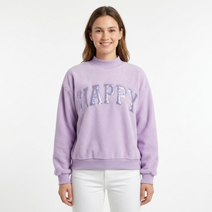 Manufacturer OEM High Quality 100% Cotton Custom <b>Purple</b> Sequined Happy Letter Logo Oversized Mock Neck Sweatshirts Women - Product Image 1