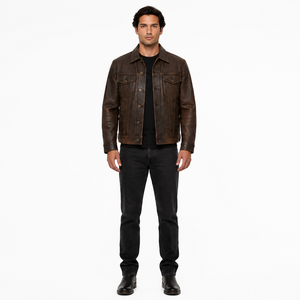 Veste plissée vintage marron pour homme, type II, en cuir de mouton pleine fleur 1,1 mm, respirante et durable, col montant - Product Image 1