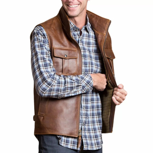 Wholesale Men's Genuine Leather <b>Vest</b> Stand Collar Zipper Closure Casual Outerwear <b>Brown</b> Pockets Regular Fit Autumn Style - Product Image 2