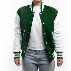 <b>Men's</b> Green And <b>White</b> Varsity <b>Jacket</b> With Button Closure Regular Fit Preppy Style Cotton Shell Polyester Lining <b>Men's</b> Tracksuits - Product Image 5