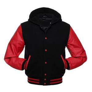 Blouson universitaire tendance en polaire noire de haute qualité avec manches en cuir rouge, broderie personnalisée sur le devant, faible MOQ, hiver - Product Image 5