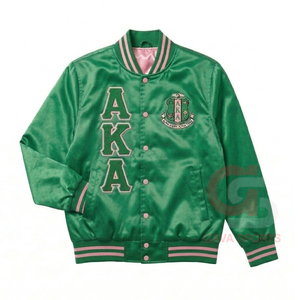 เสื้อแจ็คเก็ตบอมเบอร์ผ้าซาตินสีเขียวชมพูสไตล์วินเทจ ลายตัวอักษรกรีก ป้องกันลม เหมาะสำหรับผู้หญิง นักศึกษา และนักศึกษาจาก HBCU - Product Image 1