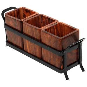 Wooden Utensil Holder Compartments Kitchen Organizer with Metal Stand Dark Brown Cutlery Stand - Product Image 5