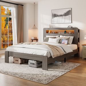 Letto matrimoniale in legno con piattaforma, testiera illuminata a LED e contenitore, 2 USB, silenzioso, non richiede rete a molle - Product Image 1