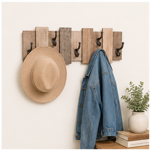 Porte-manteau mural rustique artisanal en bois de récupération avec 5 crochets métalliques robustes pour entrée, buanderie et rangement domestique - Product Image 2