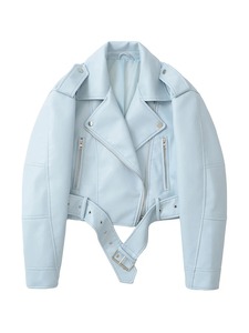 Veste courte en peau de mouton tricotée pour femme, style motard décontracté, avec ceinture, fermeture éclair et revers, coupe ample, pour l'hiver - Product Image 2