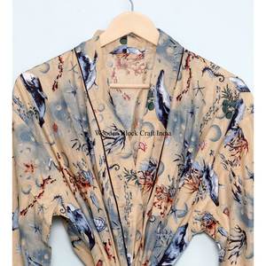 Albornoz Kimono de Algodón Estampado a Mano con Cinturón, Albornoces Suaves de Algodón, Albornoz Kimono Estampado a Mano, Albornoz Personalizado para Mujer - Product Image 4