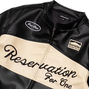 Blouson de motard en cuir pour homme, col montant, en toile, noir et beige, blocs de couleur, fermeture éclair frontale, imperméable, coupe-vent, style sportif streetwear - Product Image 4