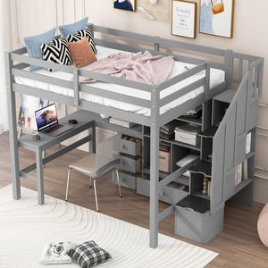 Cama alta de tamaño completo con escritorio en forma de L y cajones Gabinete gris y escalera de almacenamiento Muebles de dormitorio - Product Image 3