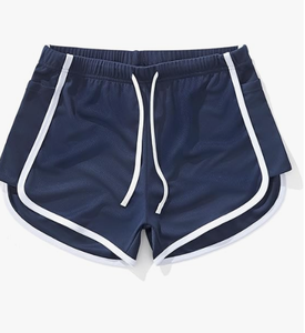 Shorts de sport décontractés pour hommes, bleu marine, en mesh, avec bande latérale blanche, taille à cordon de serrage, séchage rapide, pour entraînement et fitness. - Product Image 3