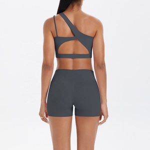 Asymmetric One-Shoulder <b>Crop</b> <b>Top</b> High Waist Shorts 2 Piece Yoga Set Seamless Solid Color Activewear - Product Image 3