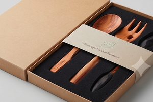 Ensemble de couverts en bois avec finition naturelle, comprenant 3 cuillères, couteaux et fourchettes, parfait pour l'hôtellerie, la maison et la restauration. - Product Image 4