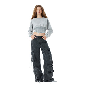 Sudadera Corta Oversize de Felpa 100% Algodón para Mujer, Manga Larga, Diseño Liso con Insignia Frontal y Forro Cálido - Product Image 1