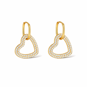 Boucles d'oreilles créoles pendantes en or pur 14 carats avec diamants de laboratoire pavés, motif cœur ouvert, collection Love Splendor, cadeau romantique pour femme - Product Image 1