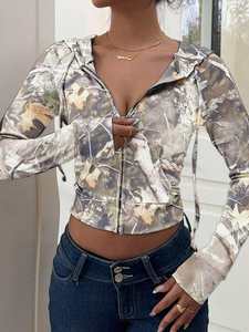 Haut court zippé gris uni pour femme, style streetwear hiver, décontracté, ajusté, à manches longues, avec fermeture éclair frontale, logo personnalisé, OEM, marque privée - Product Image 5