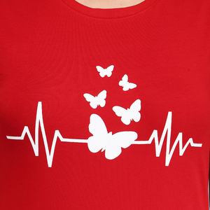 Camiseta Roja de Cuello Redondo y Manga Corta con Estampado de Mariposa y Latido de Corazón, Estilo Casual, Tejido Jersey 100% Algodón para Mujer - Product Image 6