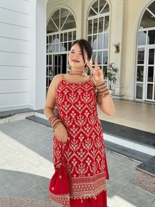 Premium Faux Georgette Embroidered Palazzo <b>Suit</b> Set with Heavy Sequin Work and <b>Fancy</b> Lace Dupatta Export Quality - Product Image 1