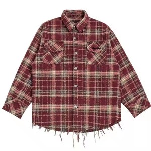 Camisa de franela a cuadros informal para hombre, manga larga, cuello vuelto, dobladillo deshilachado, con botones - Product Image 1