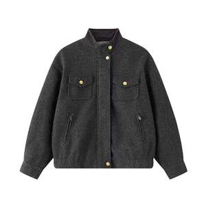 <b>Men's</b> Black Stand Collar Bomber <b>Jacket</b> Regular Fit Solid Color Polyester Casual Autumn Wear Button Closure <b>Long</b> Sleeve Coat - Product Image 4