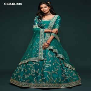 Conjunto de lehenga semisellado de seda artística con patrón de hojas bordadas, corte en A, color verde azulado, para uso ocasional, a precio mayorista, de exportador indio. - Product Image 1