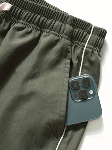 Pantalones Paracaídas Verdes de Pierna Recta con Raya Lateral, Cintura con Cordón, Secado Rápido, Poliéster, Casuales, Largos, Color Sólido - Product Image 6