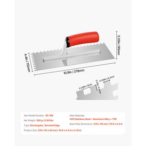 Attrezzo Professionale Ergonomico per Piastrelle, Spatola per Pavimenti in Acciaio Inox con Dentatura Quadrata 10.9 X 4.4, Utensile per Cartongesso con Impugnatura in Gomma Confortevole - Product Image 5